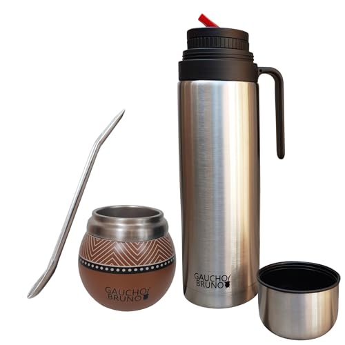 Gaucho Bruno - Mate de Acero Inoxidable para Beber Yerba Mate | Mantiene la temperatura de la bebida | Con Bombilla y termo de 1 litro con pico vertedor de precisión pico Cebador