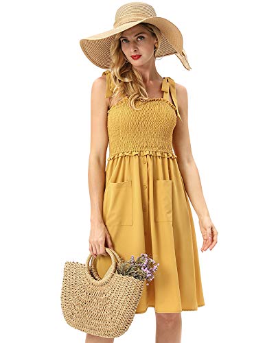 Summer Dresses Boho Spaghetti Strap Button Down Swing Midi Beach Dress with Pockets Yellow XL