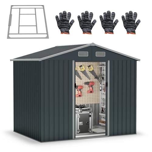 HOMASIS Gerätehaus Metall, Geräteschuppen mit Satteldach, 235x171x196cm, 7,95 m³, Gartenhaus mit 2 Schiebetür & 2 Lüftungsfenster & 2 Handschuhen, Gartenschuppen Gartenhütte Outdoor wetterfest, Grau