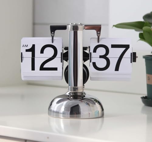 Image of Stainless Steel Retro Flip Clock, Mechanical Digital Desk Clock, Internal Gear Operated, Battery Powered for Home Office Decor, White, 23.1 Cm