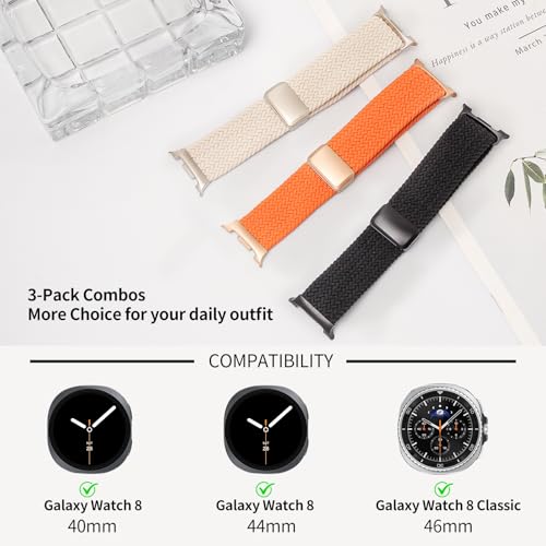 Image of 3 Pack Magnetic Braided Band for Samsung Galaxy Watch 9 8 40mm 44mm, Galaxy Watch8 Classic 46mm, One Click No Gap Elastic Stretchy Nylon Fabric Sport Strap for Women Men (Star Light /Black /Orange)