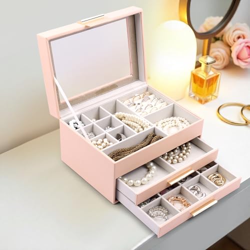 Image of BucketList Luxury PU Leather Jewellery Organizer Box with Glass Top | Multi-Drawer Jewelry Storage Case with Ring Slots & Compartments | Elegant Lockable (2 Drawers Jewellery Box (Pink))