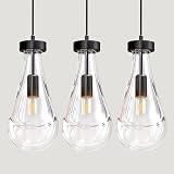Raindrop Pendant Lights Kitchen Island Set of 3, Black Rain Pendant Island Light DimmableTeardrop Pendant Lights Dining Room Height Adjustable Glass Waterdrop Pendant Light, E12 Bulb Included
