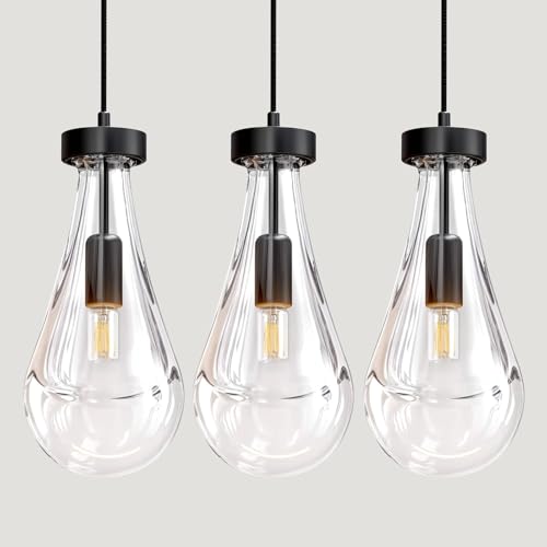 Raindrop Pendant Lights Kitchen Island Set of 3, Black Rain Pendant Island Light DimmableTeardrop...