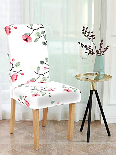 Image of Cortina Chair Slipcovers | Removable Protection Chair Cover | Floral Print Universal Fit Super Soft Stretchy Polyester Spandex | Wedding, Hotel, Party | Pack of 8, White 4