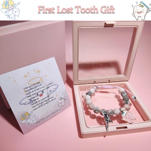 Image of Tooth Fairy Bracelet Gifts - Lost First Milk Tooth Pink Stone Bracelet, Tooth Fairy Jewelry for Daughter, Granddaughter, Pink Zebra