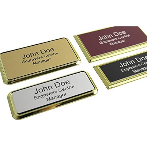 Personalize 3 Lines - Name Tag Engraved Identification ID Badge - Trophy/Picture Label, with a Gold Frame Holder & Pin, Magnet or Tape Backing - Color Options - Customize - (Small - Squared Corners) Cover