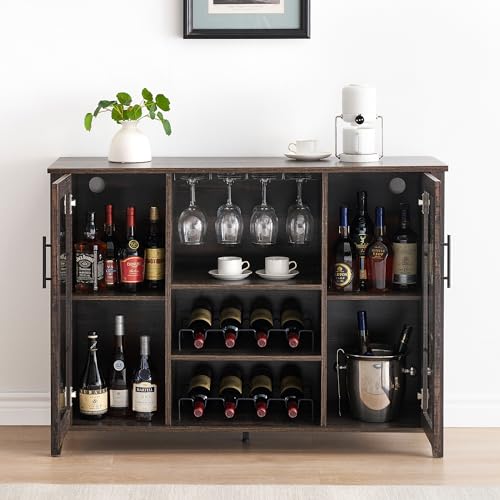 Image of Farmhouse Wine Bar Cabinet with LED Light, Wood Storage Cabinet with Glass Doors, Adjustable Shelves, Wine & Coffee Station for Dining Room, Living Room, Home Bar,Oak