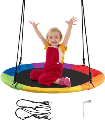 COSTWAY Balançoire Nid d'Oiseau Ø 100cm Enfants avec Cordes Réglables (100-180cm), Balançoire Soucoupe en Tissu Oxford Intérieur Extérieur, Charge 150kg...