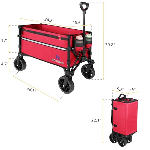 Image of ROSONG Collapsible Wagon Cart with Wheels Foldable - Folding Utility Heavy Duty Wagons Carts for Grocery Sports Garden Shopping Camping Wheelbarrows, Burgundy