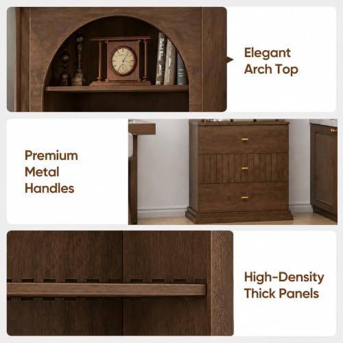 Image of ivaniti 71 inch Arched Kitchen Pantry Cabinet with 3 Drawers, Dark Brown Freestanding Storage Hutch with Open Shelves and Gold Handles for Kitchen, Dining Room