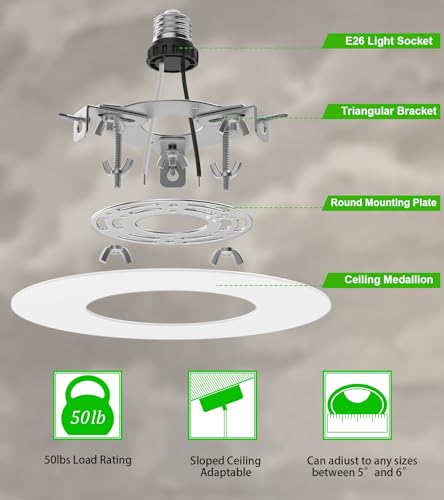 Image of Recessed Can Light Conversion Kit for 5 inch and 6 inch Ceiling Fixtures - Pendant /Hanging Light Upgrade, Compatible with Ceiling Fans, Includes 7 inch Flat Steel Medallion, White Finish