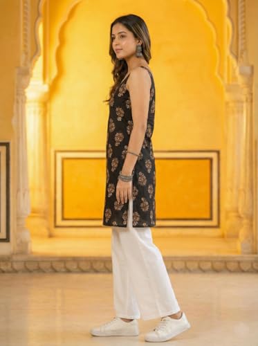 Image of Women's Black Ethnic Printed Kurti | Sleeveless Straight Kurta | Soft 100% Cotton Daily