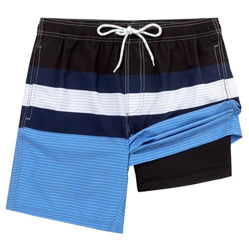 Aueyan Mens Swim Trunks 7 Inch Men's Swimwear Striped Swimming Trunks for Men Blue Beach Shorts Long Guys Man Bathing Suit,Size Large