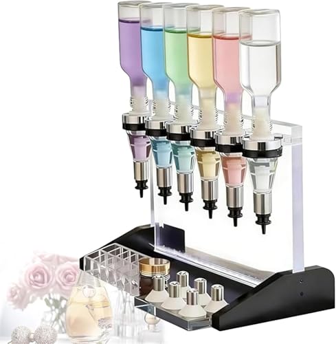 CYMYYDS Manueller Parfümspender mit 200-ml-Flüssigkeitsabfüllanlage, Transferwerkzeugen und Verstellbarer Pumpe Kopf und Drehtellerfuß, Parfümtesterständer aus Acryl, Duftorganizer 6Heads