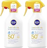 NIVEA SUN Babies & Kids Sensitiv Schutz 5in1 Sonnenmilch LSF 50+, extra wasserfestes Sonnenlotion als Spray mit LSF 50+, Sonnencreme für Kinder ohne Parfüm (250 ml) (Packung mit 2)