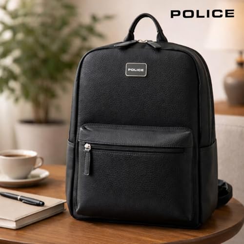 Image of Police 30L Laptop Backpack for Men & Women | Premium Grainy Texture Vegan Leather | Stylish Lightweight Travel & Office Bag | Front Utility Pocket | Black