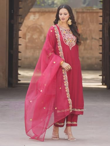 Image of VredeVogel Kurta Set with Dupatta | Viscose Rayon Embroidered Kurta Set for Women | Women's Ethnic Casual Kurti Set |Kurta Pant Festive Suit