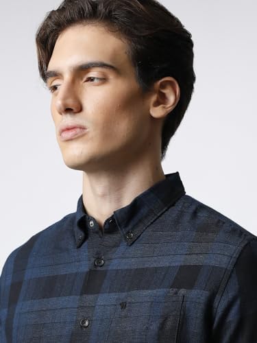 Image of Men Navy Blue Checked Slim Fit Cotton Casual Shirt