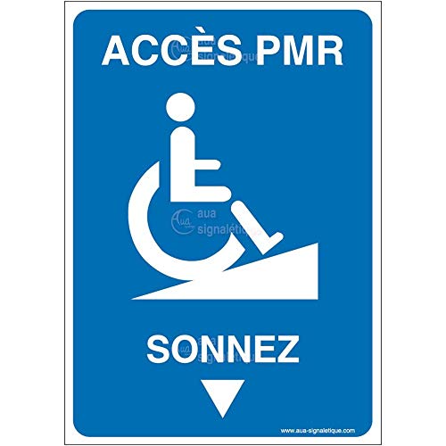 AUA SIGNALETIQUE Panneau Accès PMR - Sonnez-AI- Double Face adhésif au Dos (Vinyle adhésif, 150 x 210 mm)