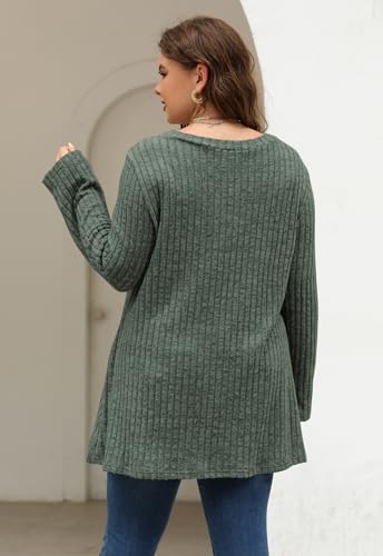 Image of Nemidor Women Plus Size Casual Tunic Top Drawstring V Neck Long Sleeve | 1X-5X plus, ribbed knit, long sweater, solid, semi-fitted flattering cut for curvy women, Fall, Winter, work, daily, dinner