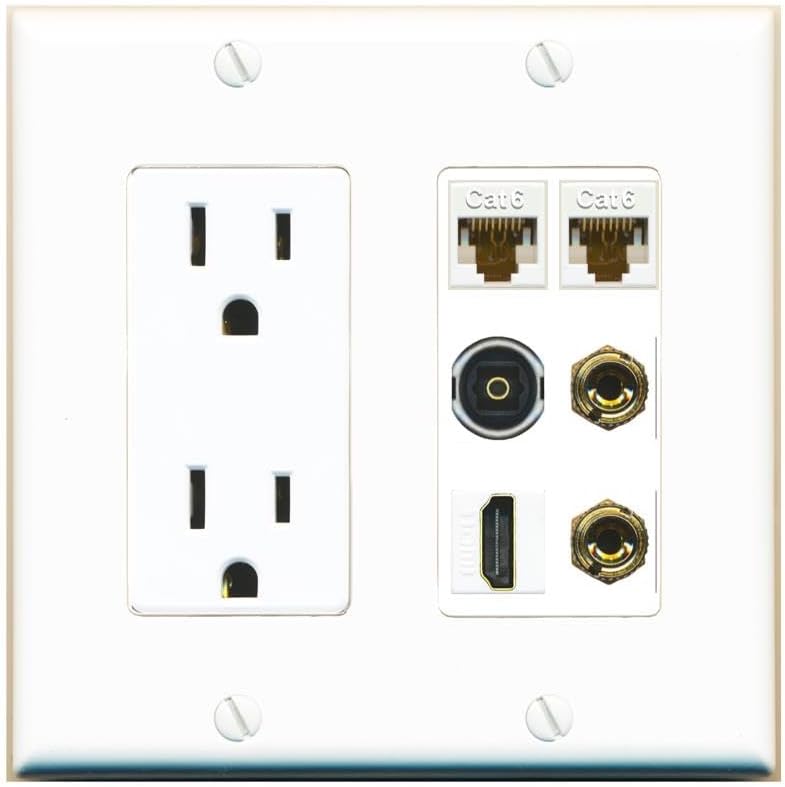 RiteAV 1 Speaker 2 Banana Binding Post Wall Plate 2 Cat6 1 x Toslink Optical and HDMI - Outlet [Light-Almond]
