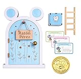 Zaldun-Puerta Ratoncito Pérez – Casita Ratoncito Pérez de Madera | Caja para Dejar Dientes,Escalera, certificados y Moneda - Se Abre la Puerta. (Azul)