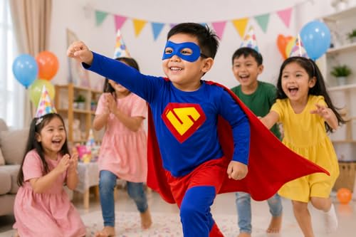 Image of Raj Costume Boys Superhero Costume Set with Mask | Blue Red Full Sleeve T-Shirt & Track Pants | Kids Fancy Dress for Birthday Party, School Function|Stretchable Comfortable