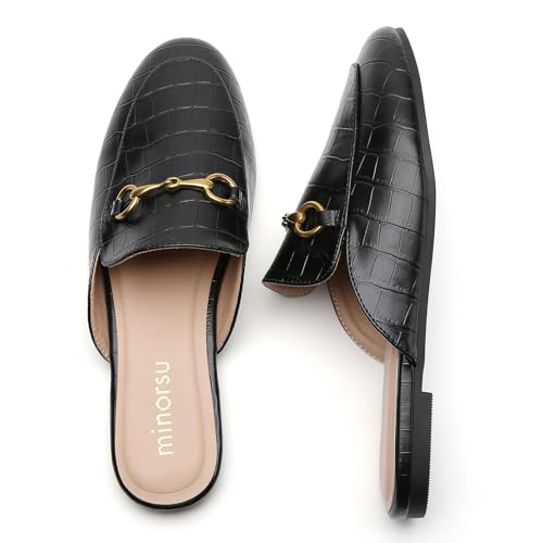 Image of Minorsu Buckle Mules for Women Flats Loafers Shoes for Work Office Business | Slip on,Round Toe,Backless,Slides, Casual