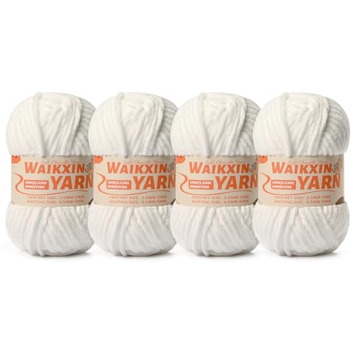 Image of (4 Snow White) 4 Pack Super Soft Fuzzy Chenille Chunky Yarn for Crocheting, 400g (350yds) Velvet Fluffy Amigurumi Yarn for Hand Knitting Baby Blankets Weaving Craft