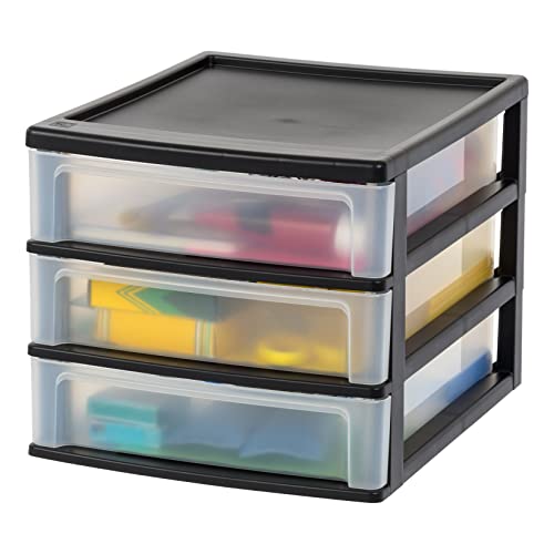 Image of IRIS USA 3-Drawer Medium Plastic Stacking Desktop Organizer, Black | Keep dorm desks organized with drawers for school supplies, makeup, snacks, chargers and everyday college essentials