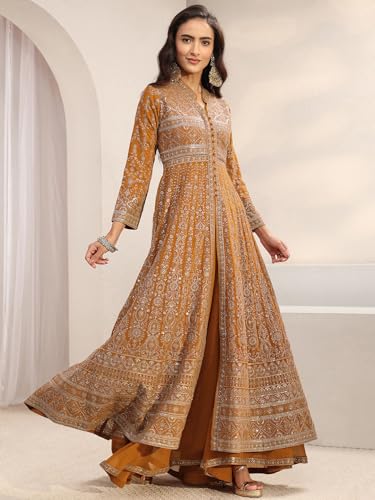 Image of Libas Art Embroidered Georgette Anarkali Kurta With Palazzos and Dupatta | ethnic wear | bridal suit | occasion wear