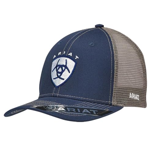 ARIAT Men's Shield Logo Adjustable Cap, Mesh Snap Back, Navy/Tan