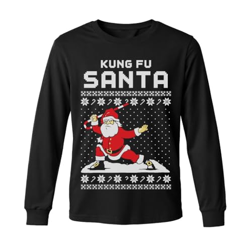 Tstars Kungfu Santa Claus Funny Youth Kids Ugly Christmas Shirt Tacky Sweater Style Xmas Holiday Long Sleeve T-Shirt Large Black