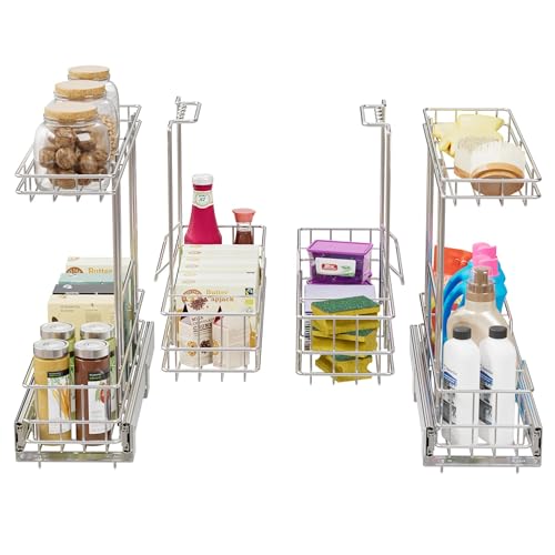 Image of 2 Tier Under Sink Organizer 11 inch W X18 D, Pull Out Cabinet Organizer One Removable Basket, Under Sink Slide Out Chrome Plated, Under Kitchen Bathroom Sink Organizer, 2 Pack