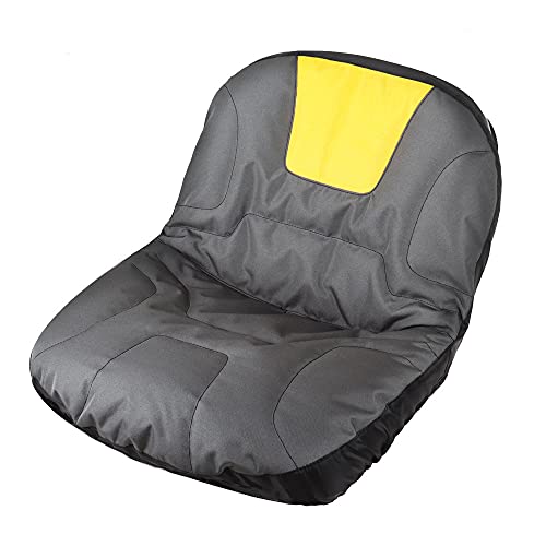 Cubierta de Asiento Tractor Cortacésped Conductor, Tela Oxford 600D, Gris Y Amarillo, Ajuste Personalizado, Cojín Acolchado y Bolsillos Traseros