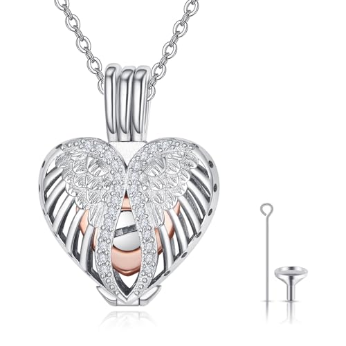 KINGWHYTE Herz Asche Kette 925 Sterling Silber Engel Flügel Urne Halskette für Asche Hohle Feuerbestattungsschmuck für Erinnerung Geschenke für Frauen Damen Mädchen