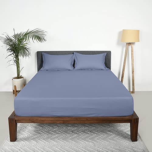 Image of SleepyCat Fitted Bedsheet Set 100% Cotton 200TC Percale Combed Yarn with a Durable Elastic and Corner Stitch Oeko-TEX & AZO Free with 2 Standard Size Pillow Cases (Queen Size 78x60) Twilight Blue