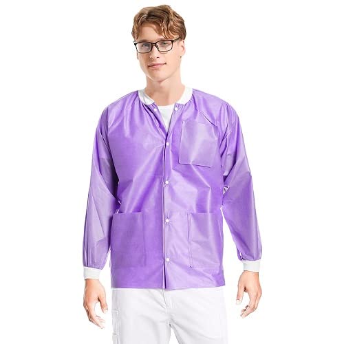 Medical Nation 10 Pack Disposable Lab Jackets - Hip Length Reusable Scrub Jacket Unisex, With Knit Cuffs And Pockets - Perfect For Dental, Medical Pharmacies, Labs, Clinics | Medium, Purple #TOP1