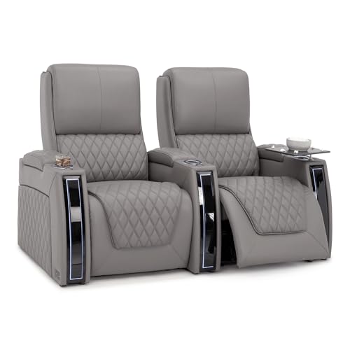 Image of Seatcraft Apex Gray Italian Leather Home Theater Seating, Zero Gravity Power Recliner, Powered Headrest and Lumbar Gaming and Home Office Chair, Lounge Sofa Furniture for Cinema Room, Row of 2