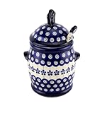 Polish Pottery Market 18 oz. Honey Pot with Dipper & Lid by Zaklady Boleslawiec Poland &ndash; Polish Stoneware Handcrafted Artisan Syrup Jar - Easy Wash