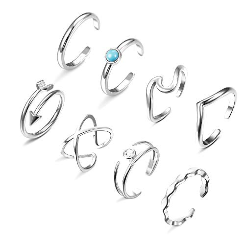 Finrezio 8 Piezas Anillos De Ondas Ajustables para Mujer Anillo Arrow x Criss Cross Anillo De Pulgar De Chevron Celta Bandas De Anillos De Nudillos Apilables Abiertos Tono Plateado Cover