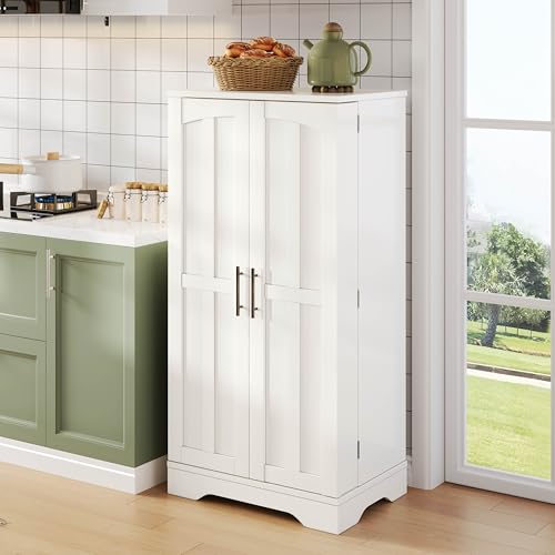 LAKFEW Alacena Armario de Cocina con Iluminación LED y 2 Puertas de Almacenaje, Aparador Cocina Mueble Auxiliar con Estante Ajustable, Aparadores Aparador Alto, 60x40x120.5 cm, Blanco