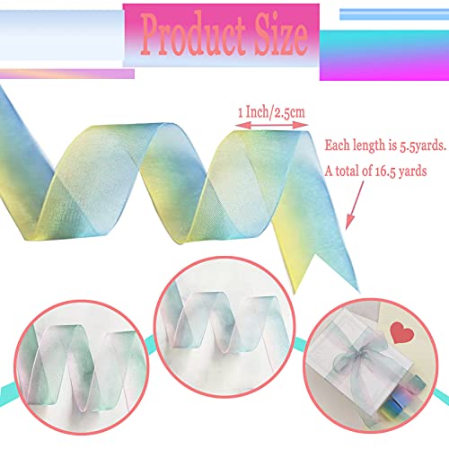 Acxiian 3 Rolls Rainbow Organza Chiffon Ribbons For Craft,1 Inch Wide Shimmer  Sheer Ribbon Satin Transparent Diy Gift Birthday Wedding Valentines Bouquet Party Decoration #TOP1
