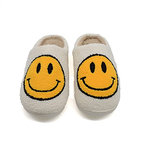 Women's smiley face slippers house slippers for women, emoji slippers happy face slippers fuzzy slippers soft comfy warm slip-on drew house slippers WHITE size 8-9