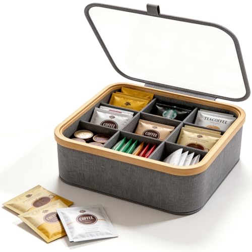 DOKRVLOQ Natur Bambus Teebox Teekiste aus Oxford-Gewebe mit 9 Fächern und Sichtfenster Tee Aufbewahrung Teebeutel Organizer - Ideal für Kaffee Gewürzen & Kleinteilen Aufbewahrun