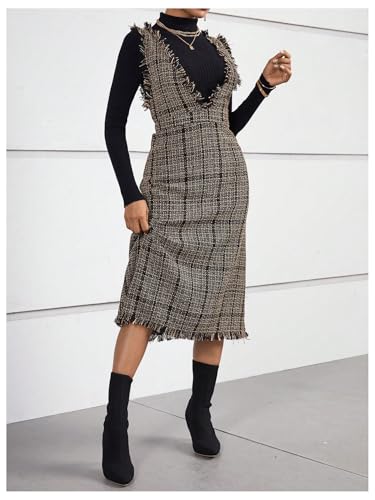 Image of OYOANGLE Women's Plaid Print Sleeveless V Neck Raw Trim Overall Dress Work Causal Pinafore Dresses