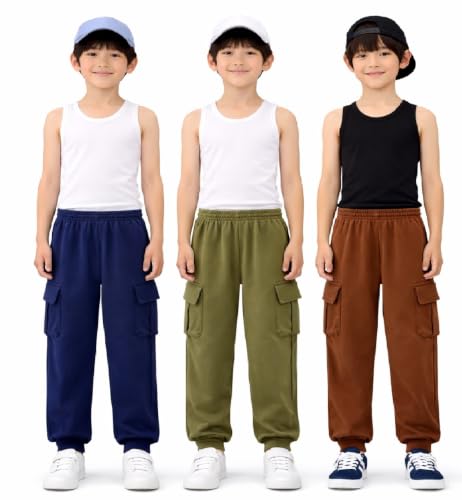 Image of Boys Cargo Pocket Jogger Track Pants Pack of 3 Navy Green Brown