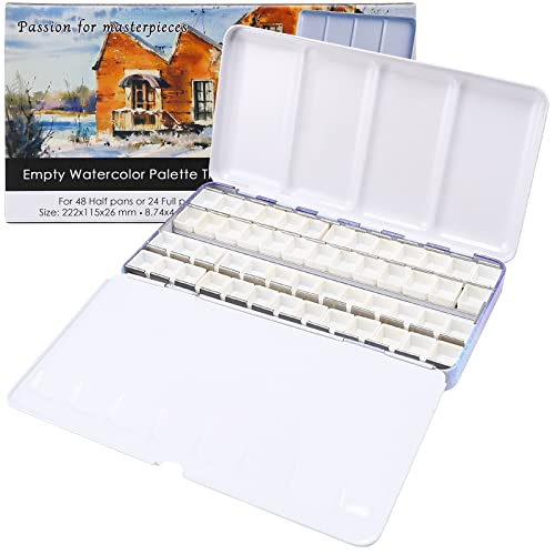 MYARTOOL Empty Watercolor Palette Purple Empty Watercolor Tin Palette Paint Case with 48 PCS Empty Half Pans for DIY Travel Watercolor Palette Acrylic and Oil Painting