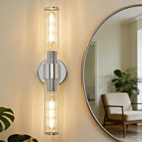 Image of Chrome Bathroom Vanity Light, Wall Sconce Threaded Glass 1 Pack, Modern Wall Light for Bathroom, Living Room, Hallway, Kitchen - UL Certification (Bulb Not Included)